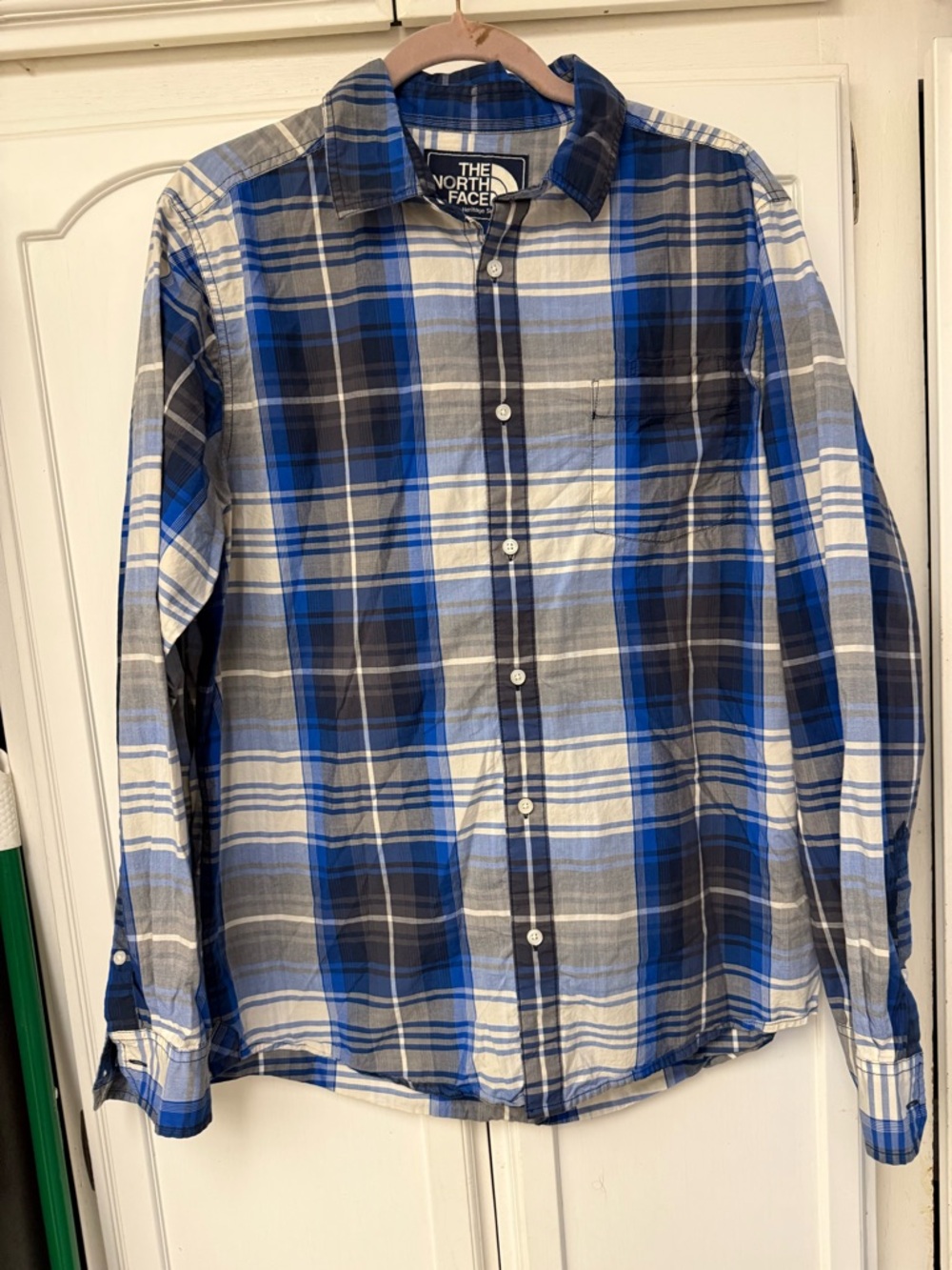The North Face Men's Blue and White Plaid Button-Down Shirt